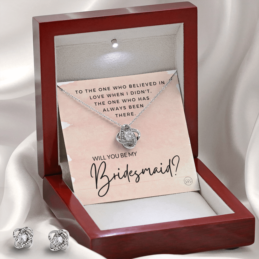 Bridesmaid Proposal Gift | Earring & Necklace Set, Will You Be My Bridesmaid? From the Bride, Tie the Knot, Can't Say I Do Without You B1KE