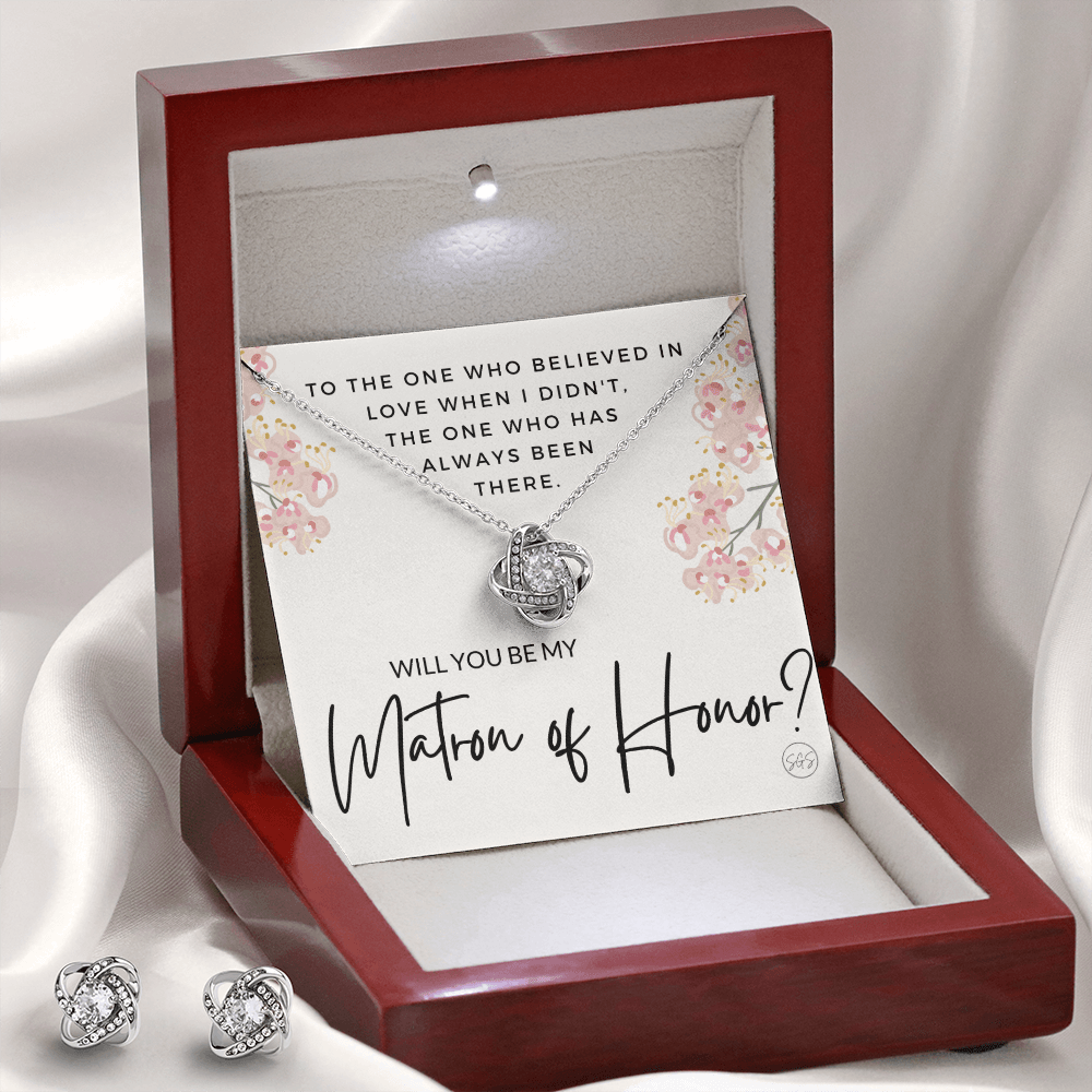Matron of Honor Proposal Gift | Earring & Necklace Set, Will You Be My MOH? From the Bride, Tie the Knot, Can't Say I Do Without You MT5KE