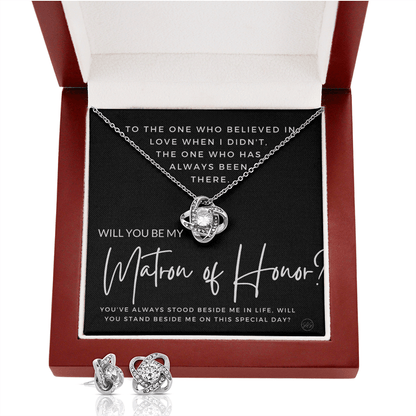 Matron of Honor Proposal Gift | Earring & Necklace Set, Will You Be My MOH? From the Bride, Tie the Knot, Can't Say I Do Without You MT4KE