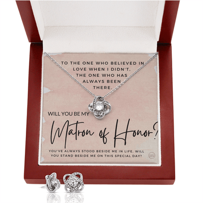 Matron of Honor Proposal Gift | Earring & Necklace Set, Will You Be My MOH? From the Bride, Tie the Knot, Can't Say I Do Without You MT2KE