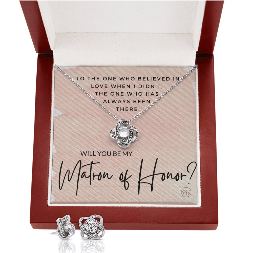 Matron of Honor Proposal Gift | Earring & Necklace Set, Will You Be My MOH? From the Bride, Tie the Knot, Can't Say I Do Without You MT1KE