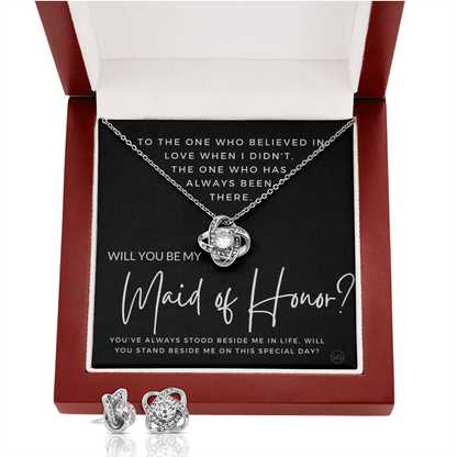 Maid of Honor Proposal Gift | Earring & Necklace Set, Will You Be My MOH? From the Bride, Tie the Knot, Can't Say I Do Without You MA4KE