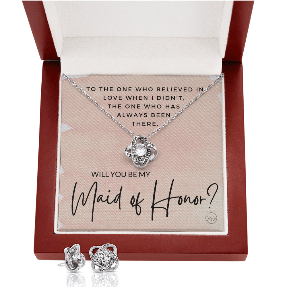 Maid of Honor Proposal Gift | Earring & Necklace Set, Will You Be My MOH? From the Bride, Tie the Knot, Can't Say I Do Without You MA1KE