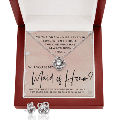Maid of Honor Proposal Gift | Earring & Necklace Set, Will You Be My MOH? From the Bride, Tie the Knot, Can't Say I Do Without You MA2KE