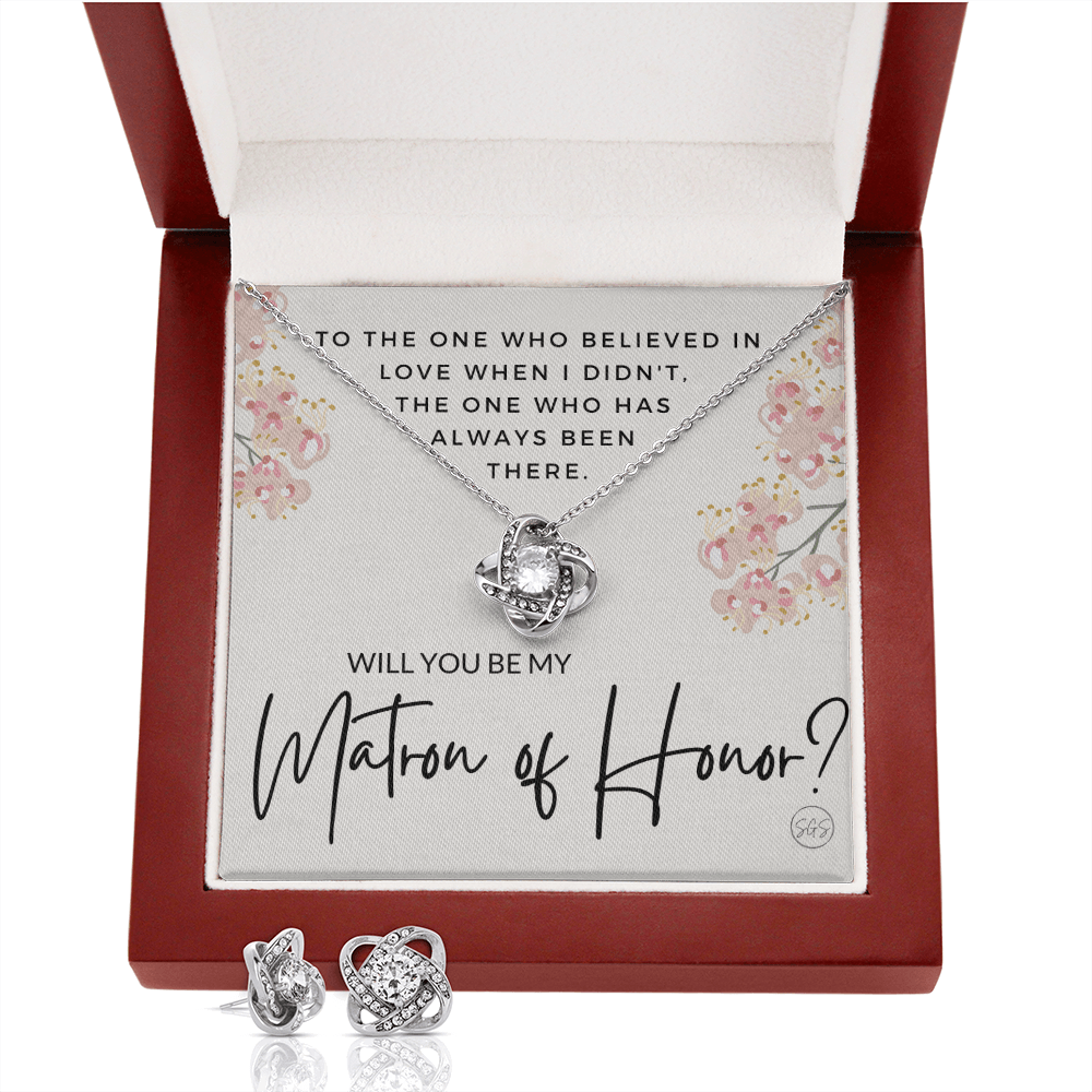 Matron of Honor Proposal Gift | Earring & Necklace Set, Will You Be My MOH? From the Bride, Tie the Knot, Can't Say I Do Without You MT5KE