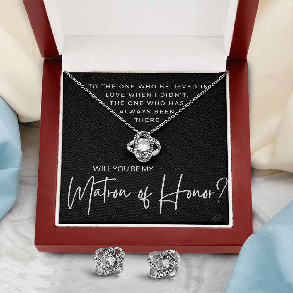 Matron of Honor Proposal Gift | Earring & Necklace Set, Will You Be My MOH? From the Bride, Tie the Knot, Can't Say I Do Without You MT3KE