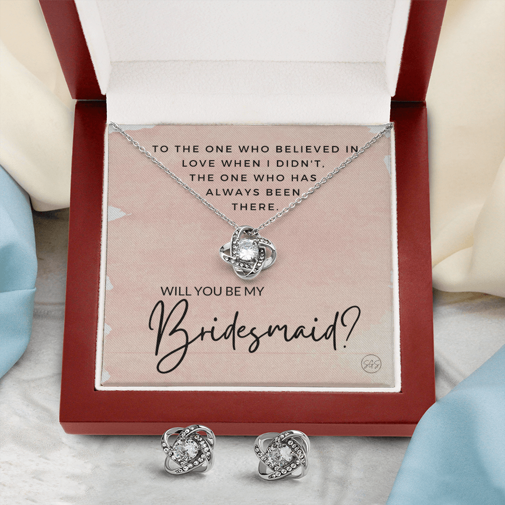 Bridesmaid Proposal Gift | Earring & Necklace Set, Will You Be My Bridesmaid? From the Bride, Tie the Knot, Can't Say I Do Without You B1KE