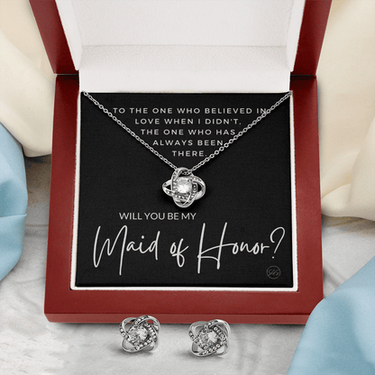 Maid of Honor Proposal Gift | Earring & Necklace Set, Will You Be My MOH? From the Bride, Tie the Knot, Can't Say I Do Without You MA3KE