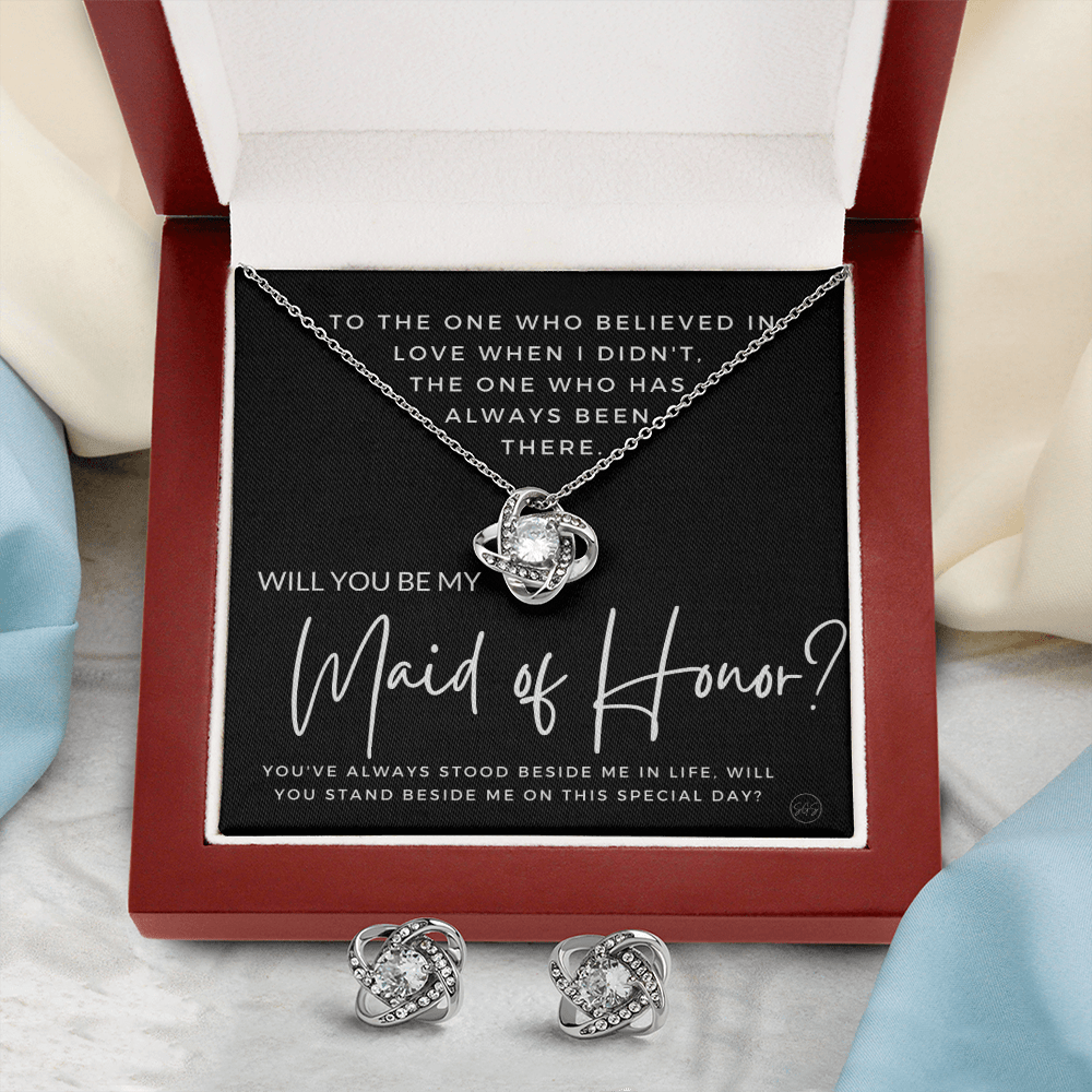 Maid of Honor Proposal Gift | Earring & Necklace Set, Will You Be My MOH? From the Bride, Tie the Knot, Can't Say I Do Without You MA4KE