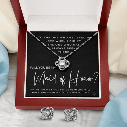 Maid of Honor Proposal Gift | Earring & Necklace Set, Will You Be My MOH? From the Bride, Tie the Knot, Can't Say I Do Without You MA4KE