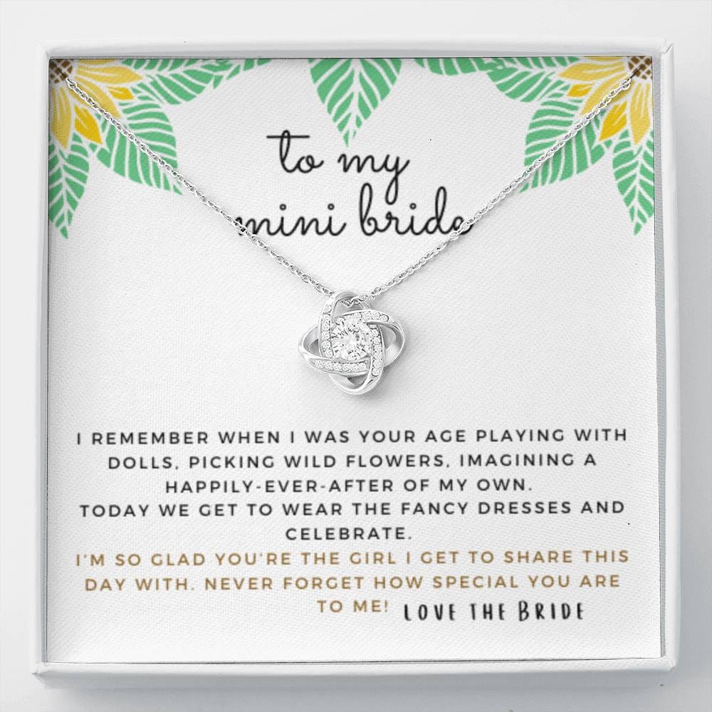 Mini Bride Gift | Daughter of the Bride Gift, Flower Girl Proposal, Bridesmaid Proposal Niece, Little Cousin, Wedding Party, From the Bride, Flower Girl Necklace, Bride Squad, Bridal Party,  29 Love Knot
