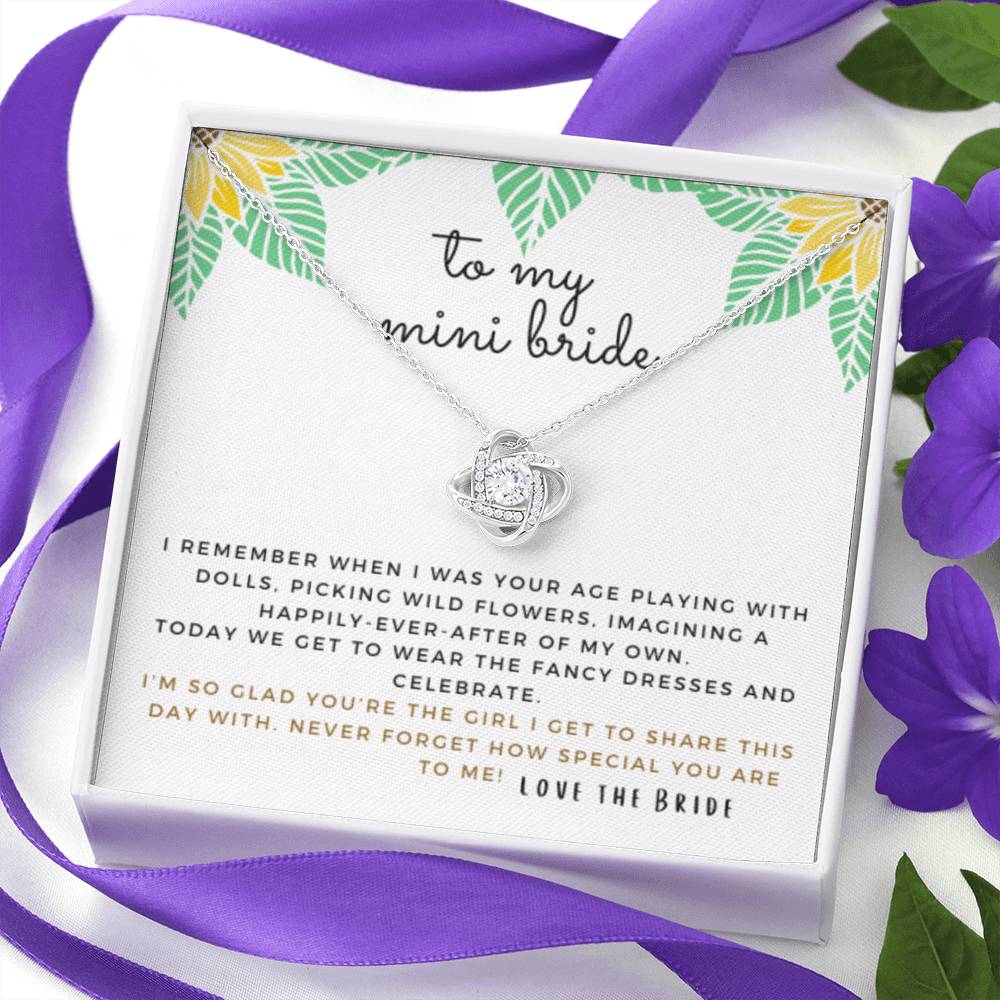 Mini Bride Gift | Daughter of the Bride Gift, Flower Girl Proposal, Bridesmaid Proposal Niece, Little Cousin, Wedding Party, From the Bride, Flower Girl Necklace, Bride Squad, Bridal Party,  29 Love Knot