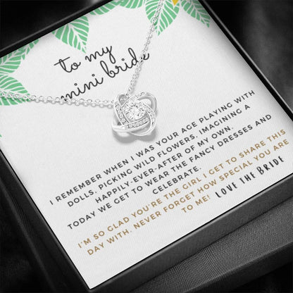 Mini Bride Gift | Daughter of the Bride Gift, Flower Girl Proposal, Bridesmaid Proposal Niece, Little Cousin, Wedding Party, From the Bride, Flower Girl Necklace, Bride Squad, Bridal Party,  29 Love Knot