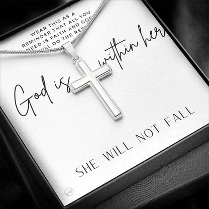 Christian Cross Necklace | God is within her, she will not fall