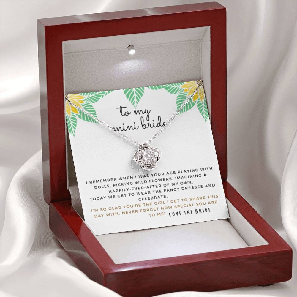 Mini Bride Gift | Daughter of the Bride Gift, Flower Girl Proposal, Bridesmaid Proposal Niece, Little Cousin, Wedding Party, From the Bride, Flower Girl Necklace, Bride Squad, Bridal Party,  29 Love Knot